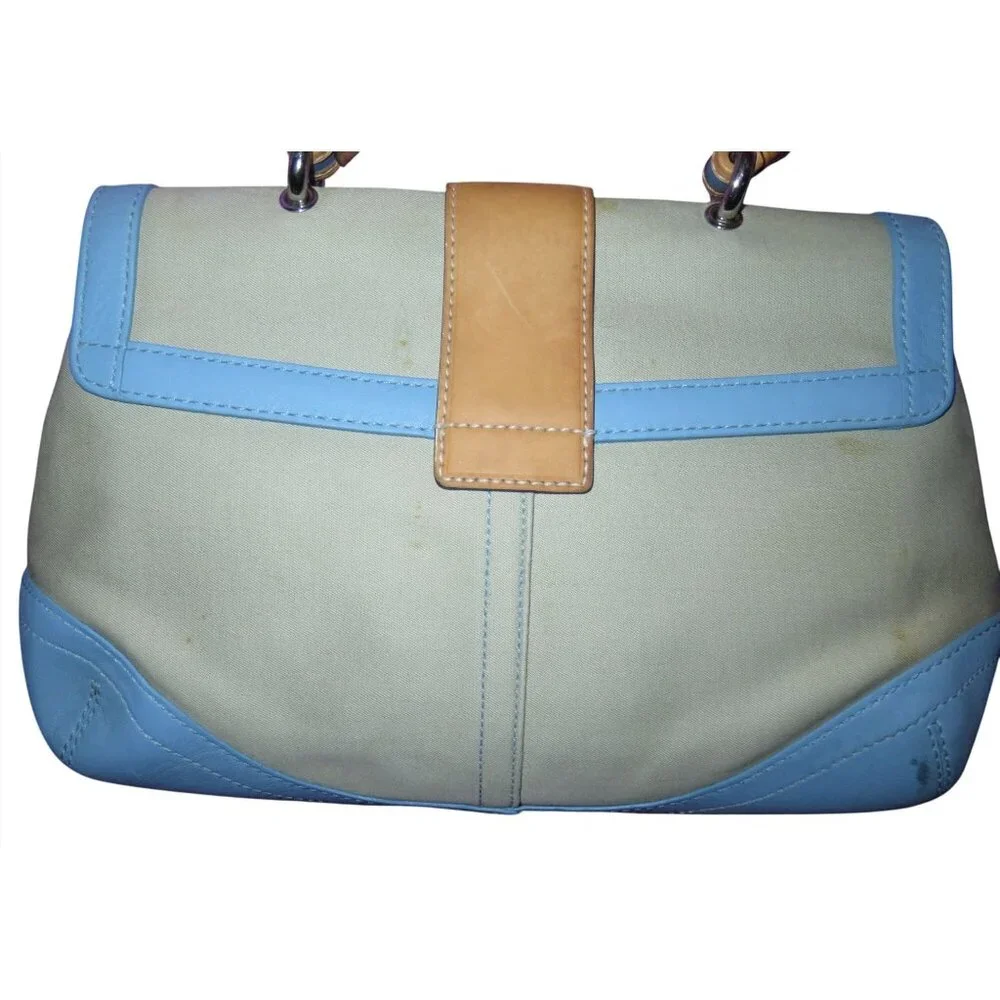 Coach 2004 Daisy Flap Hampton Cream Sateen & Blue and Tan Vachetta Leather